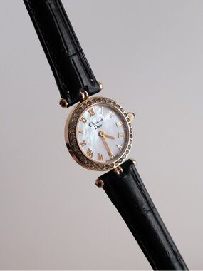 Dior Gold-Tone Crystal Bezel Watch with Black Leather Strap